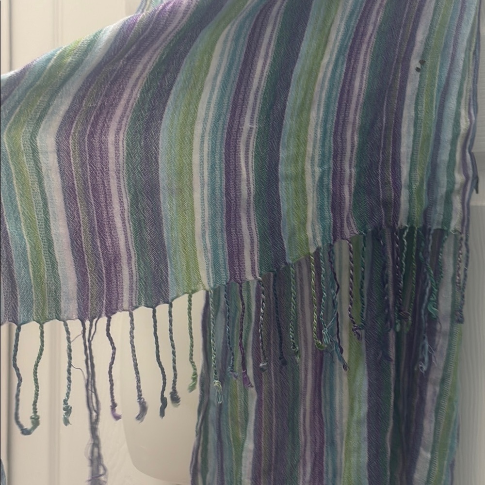 ❤️3 for $15!❤️ Purple and Green Striped Scarf with Fluid Design - Picture 4 of 7